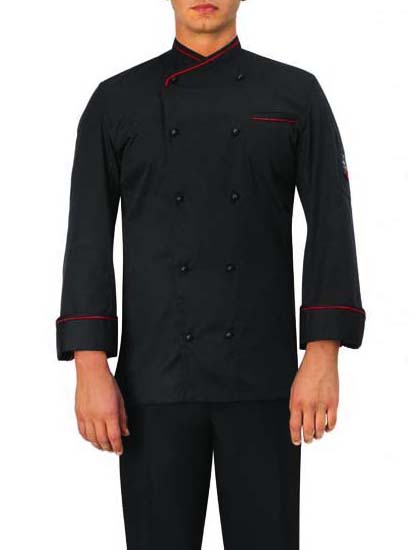 Chaqueta de cocina en color negro con detalles y vivo en color rojo.