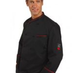 Chaqueta de cocina en color negro con detalles y vivo en color rojo.