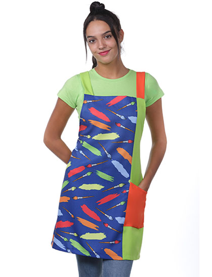 Estola para profesora de tirantes en color pistacho y naranja con estampado de pinceles.