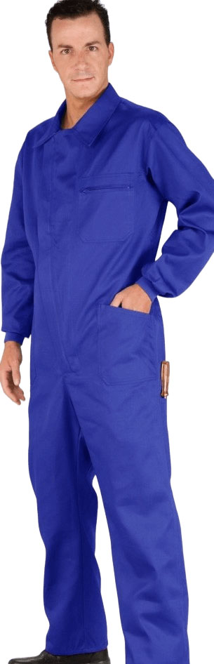 Hombre con ropa de trabajo resistente y pantalones de trabajo para la industria de color azul